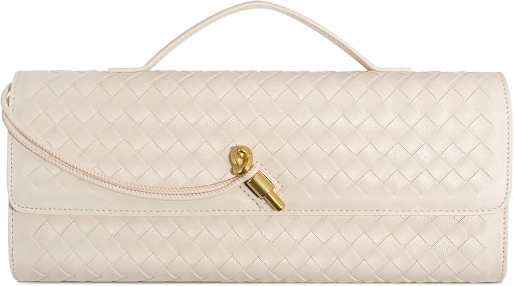 Vulpecula Spade - Woven Clutch Purses for Women, Formal Satchel Leather Evening Bag Shoulder Handbag - Cream White