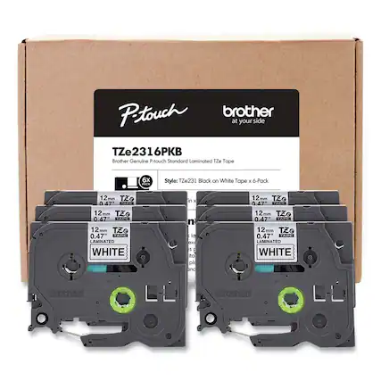 Brother Genuine P-touch Standard Laminated TZe Tape
TZe2316PKB
Style: TZe231 Black on White Tape x 6-Pack
12mm x 0.47"
Laminated White