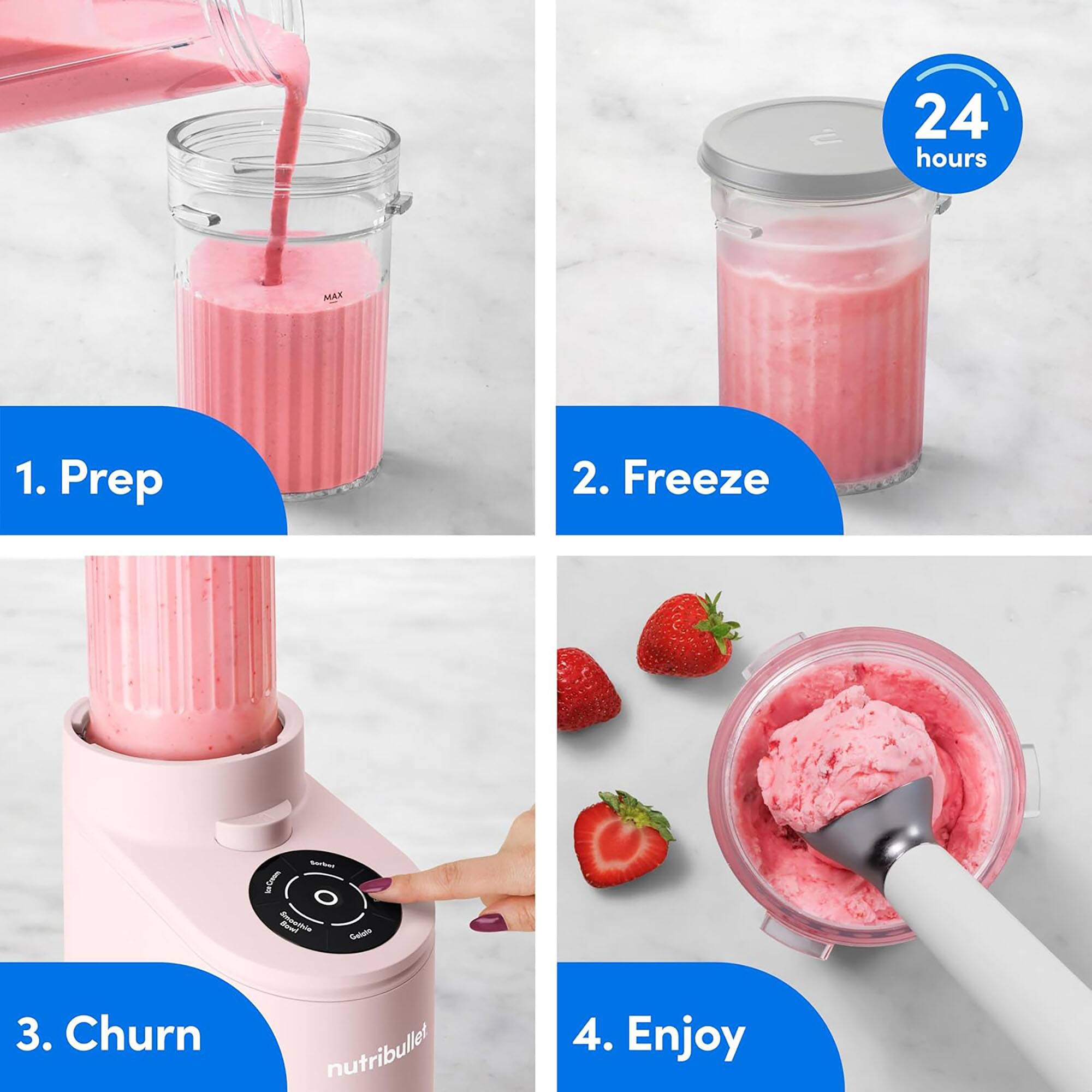 24 hours MAX

1. Prep
2. Freeze
3. Churn nutribullet
4. Enjoy