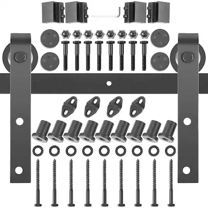 Front. VEVOR - Sliding Barn Door Hardware Kit, 12FT Barn Door Kit, 330LBS Load-Bearing Double Barn Door Hardware Kit, Carbon Steel - Black.