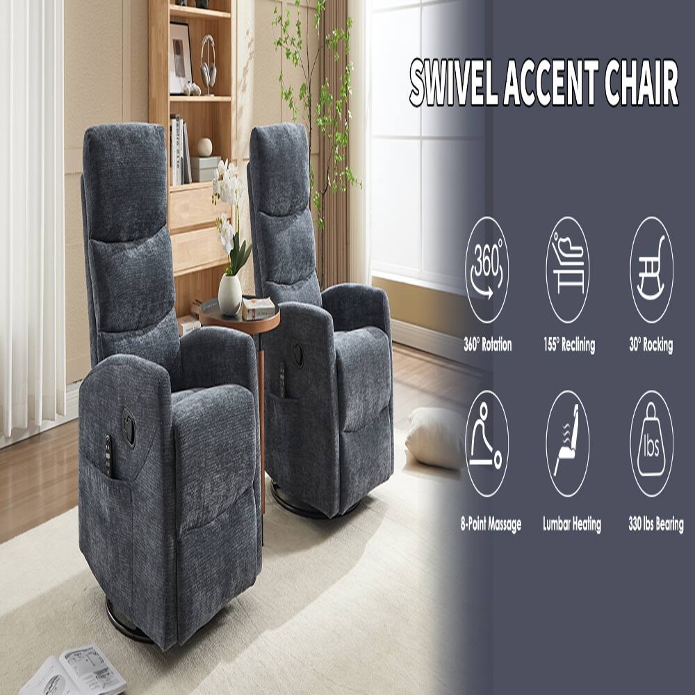 SWIVEL ACCENT CHAIR

360° Rotation
155° Reclining
30° Rocking
8-Point Massage
Lumbar Heating
330 lbs Bearing