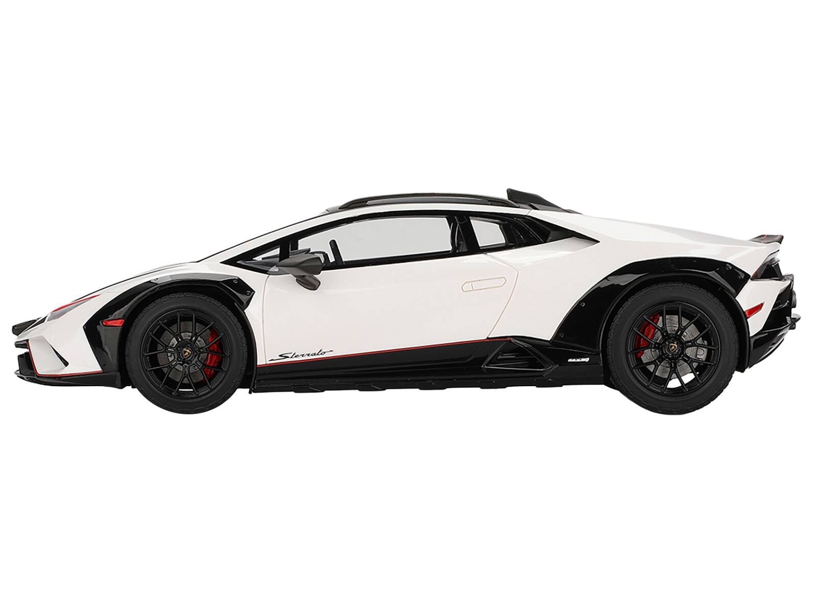 Left. Top Speed - Lamborghini Huracan Sterrato Bianco Asopo White with Matt Black Top and Red Stripes 1/18 Model Car by Top Speed - White and Matt Black.