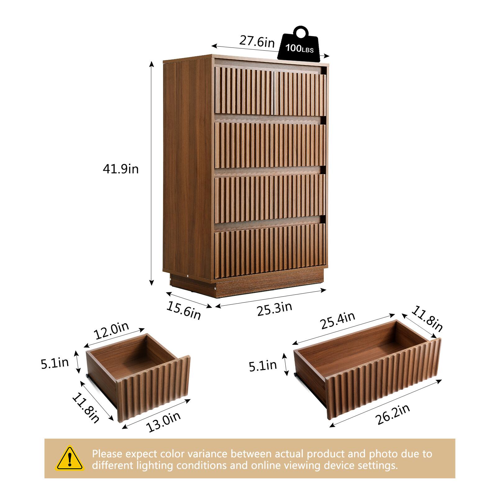 27.6in 100LBS 41.9in 15.6in 25.3in 12.0in 25.4in 11.8in 5.1in 5.1in 11.8in 13.0in 26.2in

Please expect color variance between actual product and photo due to different lighting conditions and online viewing device settings.