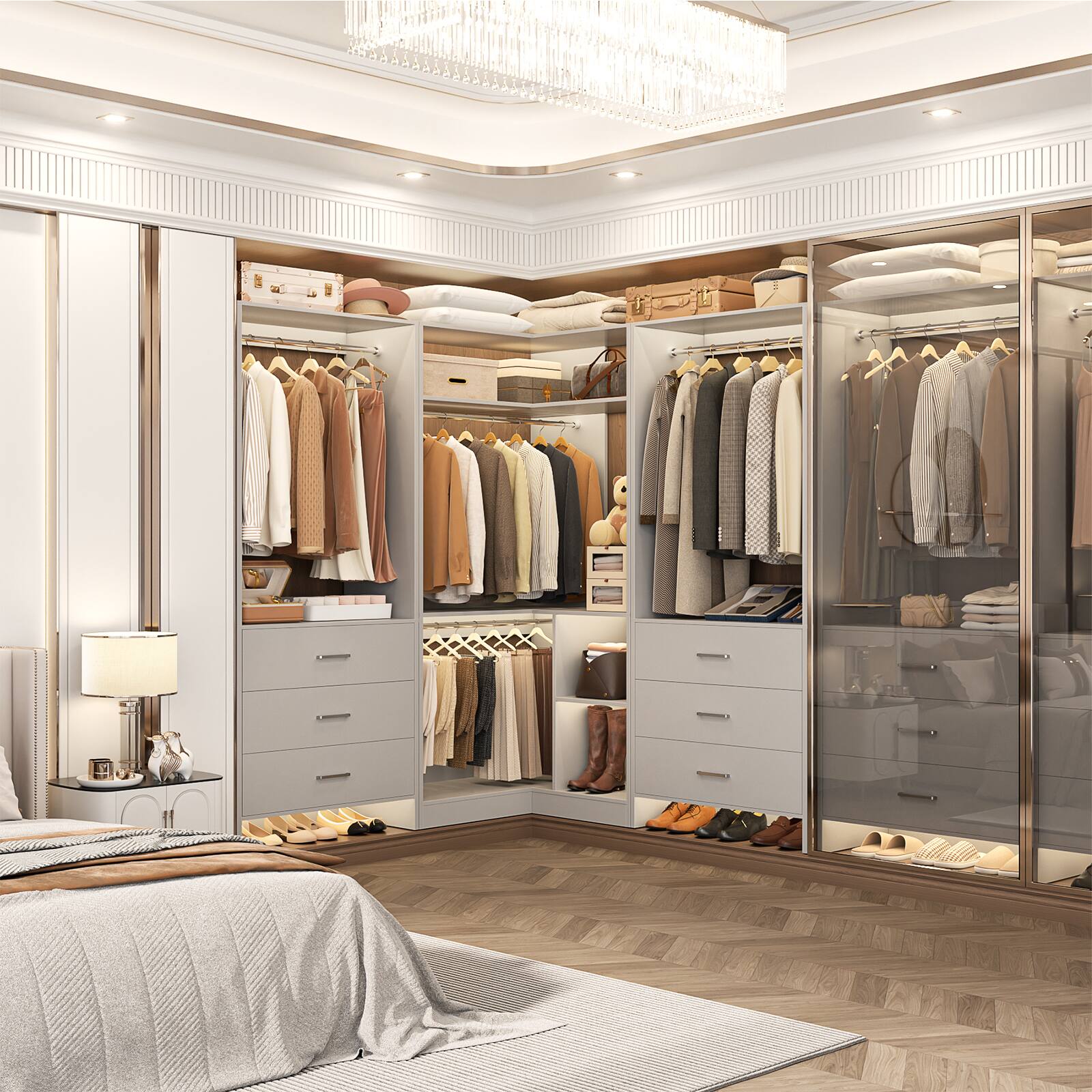 Alt View 2. Aheaplus - 4FT Closet Organizer with Hanging Rods and Drawers, Clothes Rack for Small Space, Set of 2 - Gray.