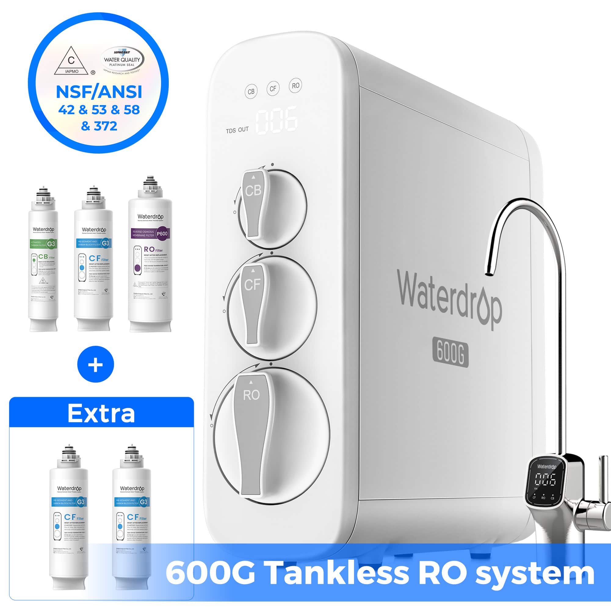 Waterdrop - G3P600 Reverse Osmosis System Extra 2 WD-G3-N1CF Water Filters - White