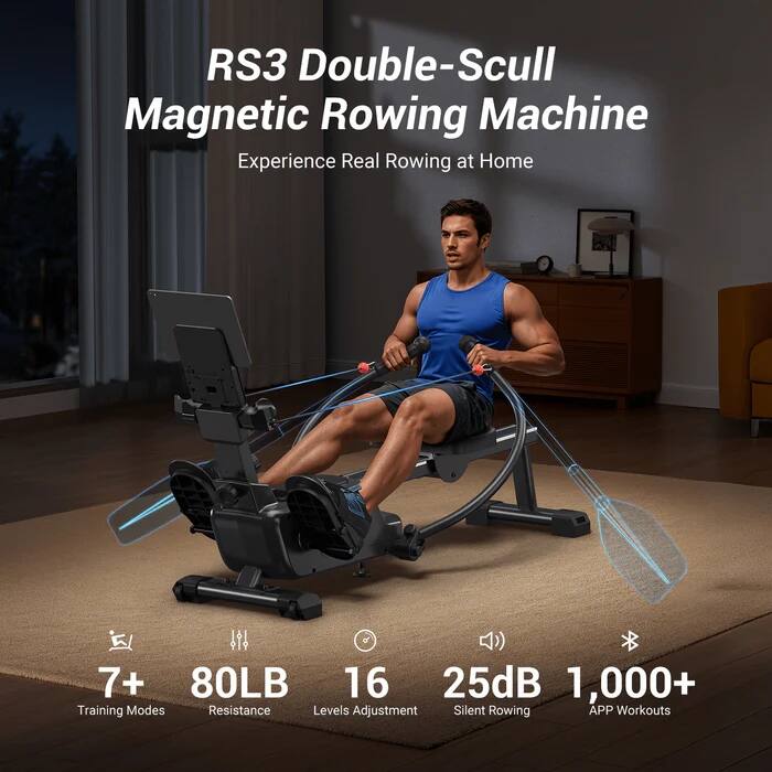RS3 Double-Scull Magnetic Rowing Machine  
Experience Real Rowing at Home  

7+ Training Modes  
80LB Resistance  
16 Levels Adjustment  
25dB Silent Rowing  
1,000+ APP Workouts