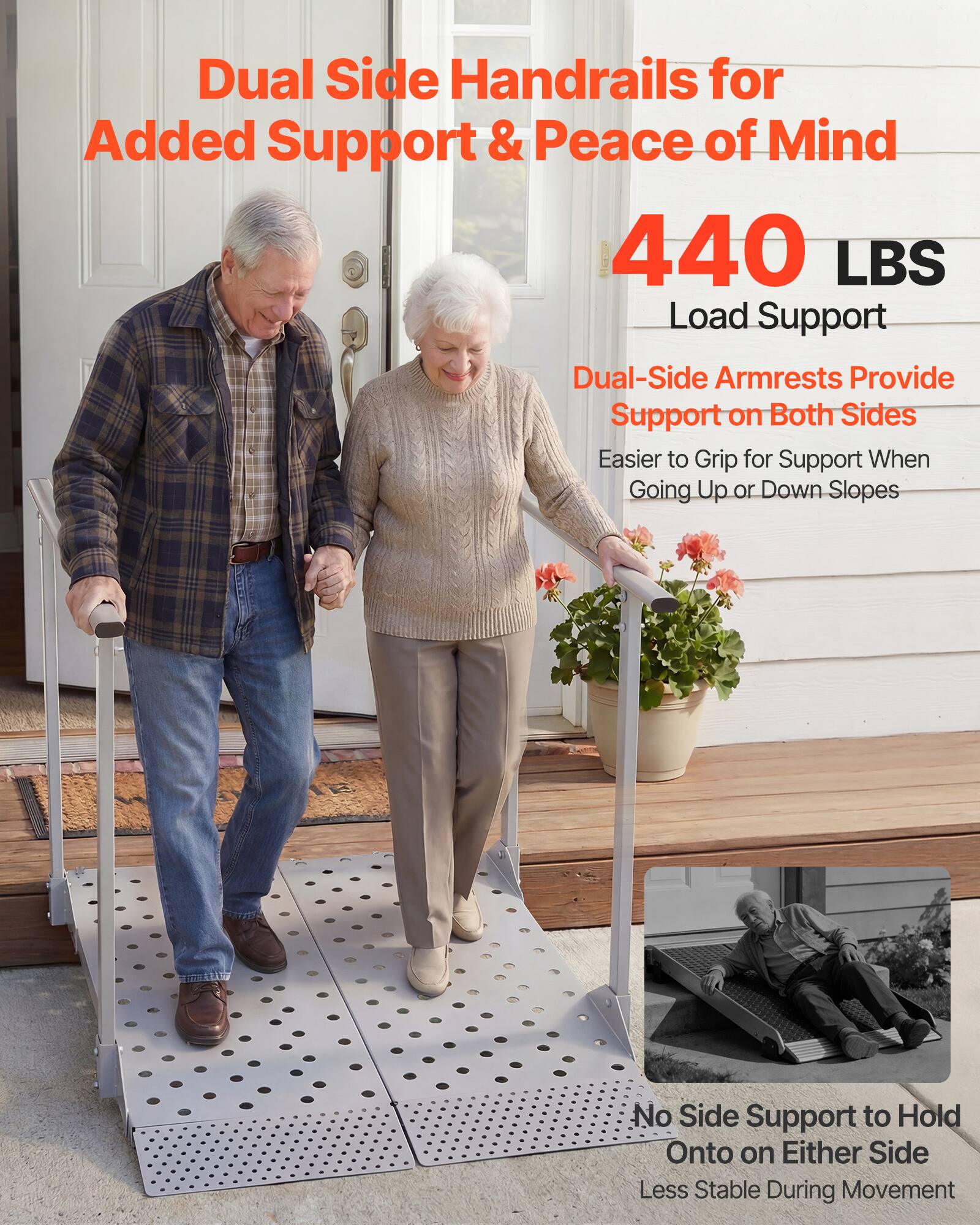 Dual Side Handrails for Added Support & Peace of Mind  
440 LBS Load Support  
Dual-Side Armrests Provide Support on Both Sides  
Easier to Grip for Support When Going Up or Down Slopes  
No Side Support to Hold Onto on Either Side  
Less Stable During Movement