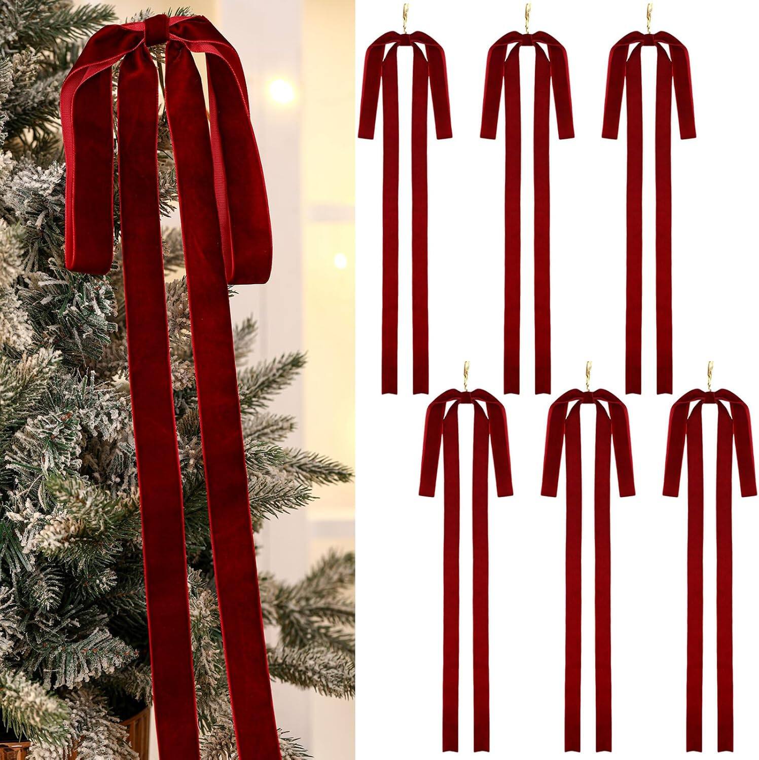 Front. Acteck - Red Long Velvet Bows Ornaments for Christmas Tree, Wreath, Garland, Swag, Staircase, Fireplace, Door - Red.