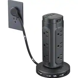 Dazzed Corner - Retractable Power Strip Tower, Flat Plug & USB-C PD 20W, 5FT Cord, 1700J - Black