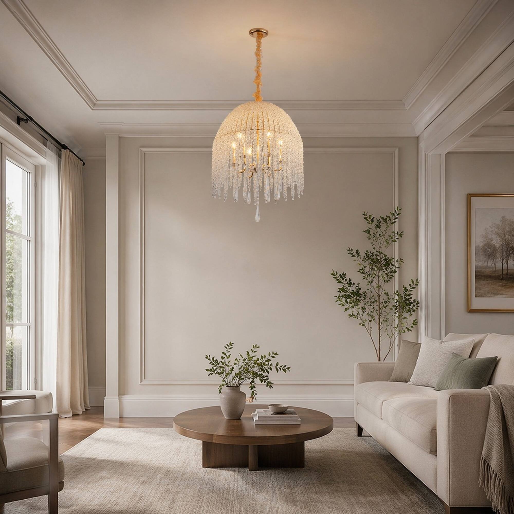 Angle. RYHNUYNE - 20 Inch 6-Light K9 Crystal Pendant Chandelier with Gold Finish – Cascading Waterfall Beads, Adjustable Drop.