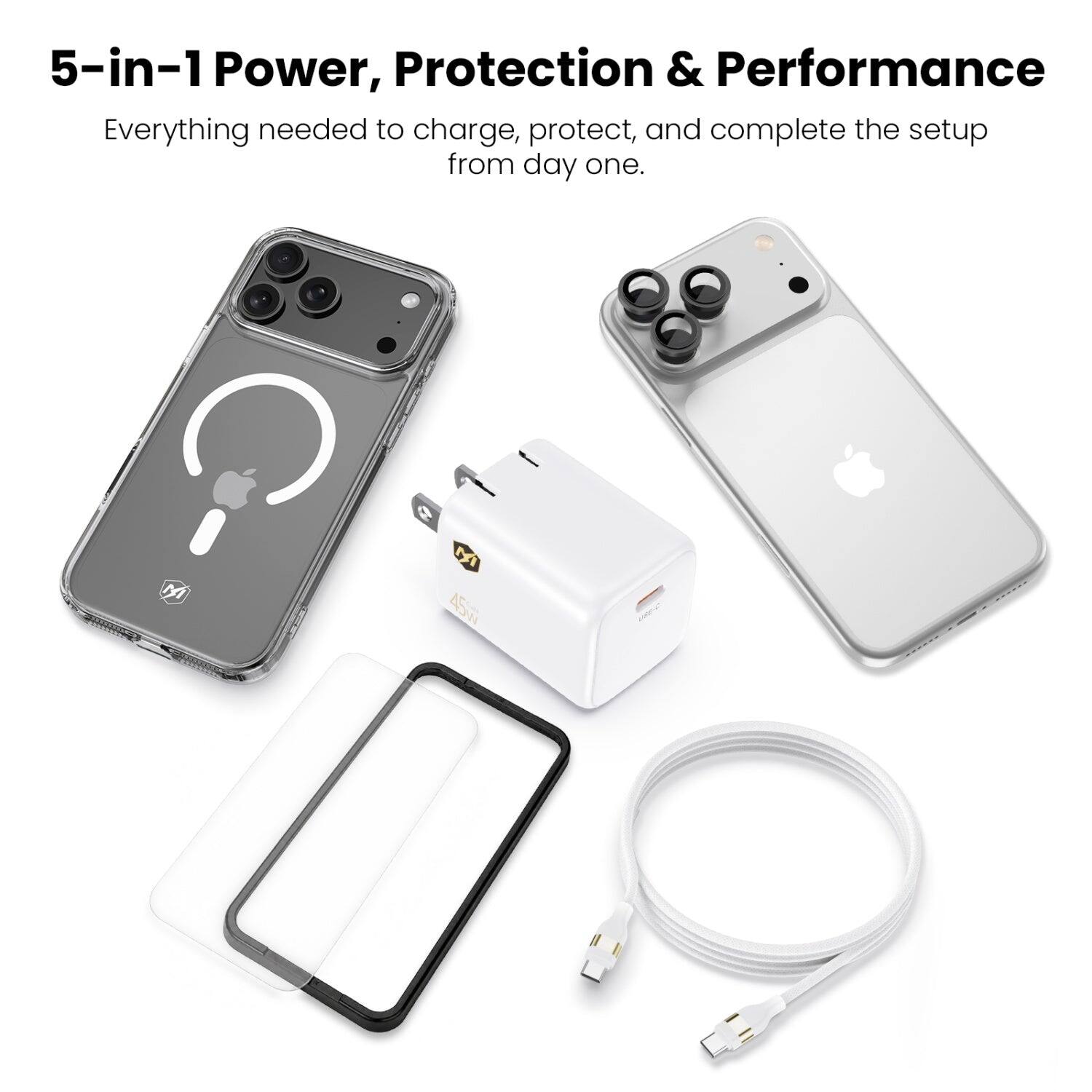 5-in-1 Power, Protection & Performance  
Everything needed to charge, protect, and complete the setup from day one.
