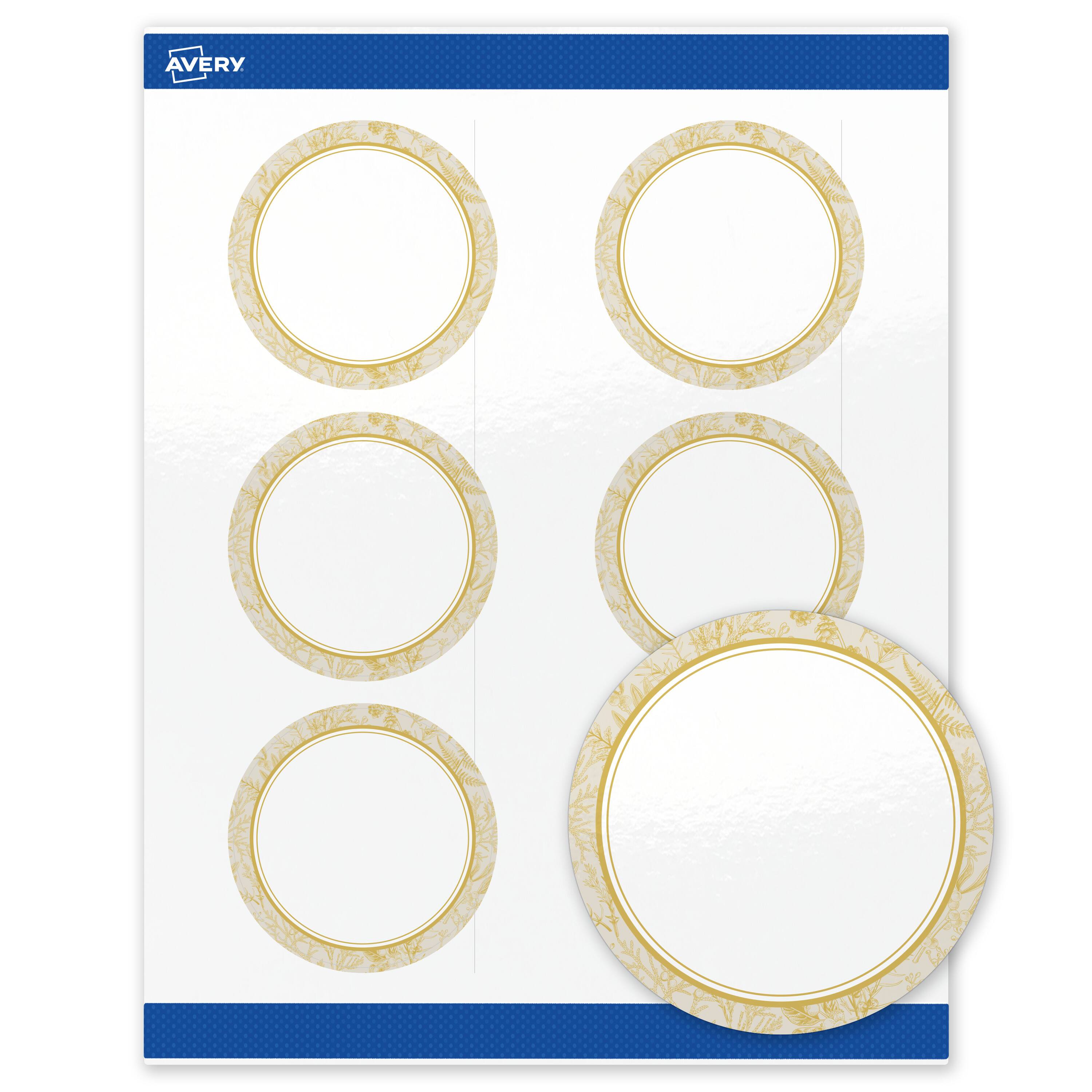 Front. Avery - Avery Labels, 3" Diameter, Glossy White, Arched Metallic Gold Florals - White.