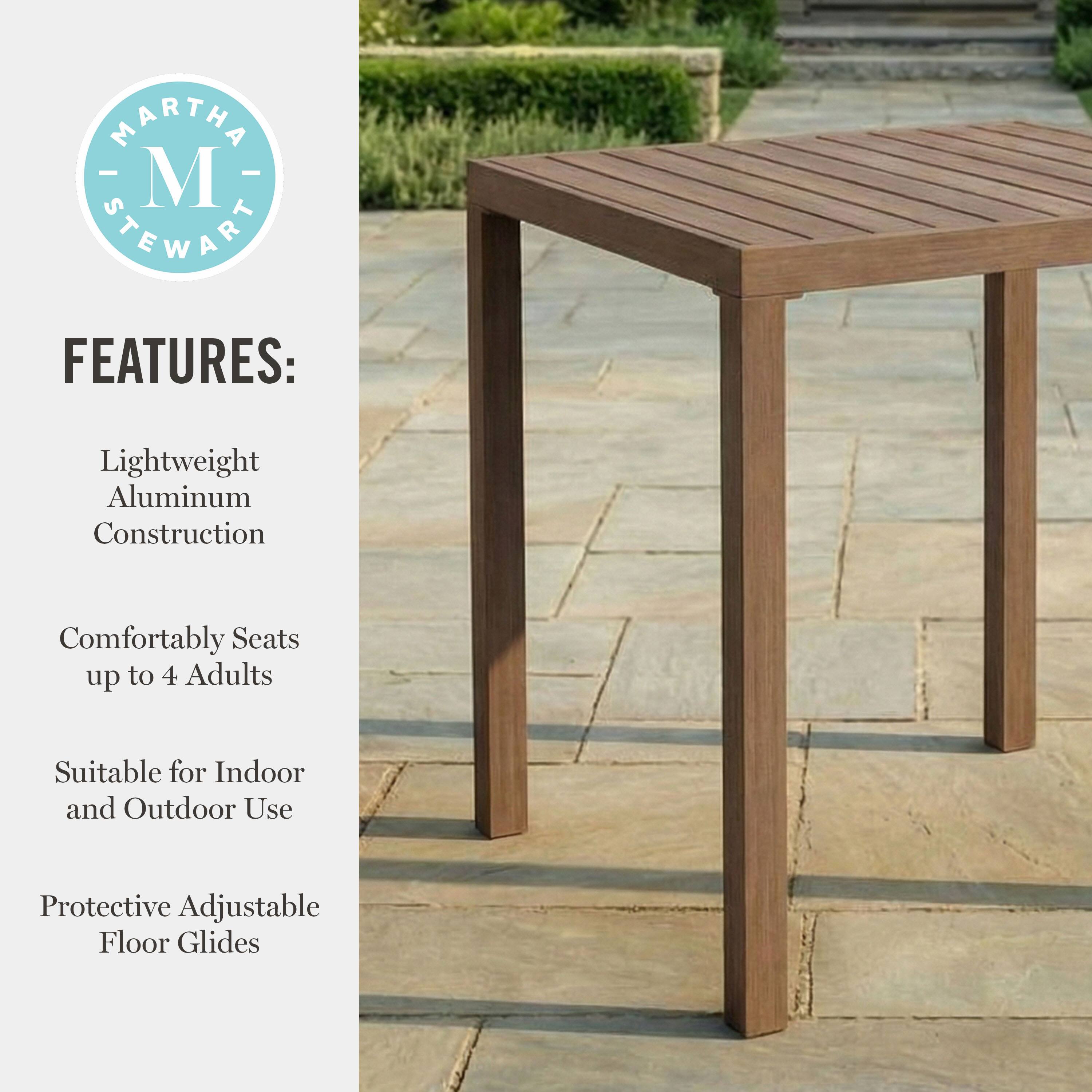 MARTHA STEWART FEATURES: Lightweight Aluminum Construction Comfortably Seats up to 4 Adults Suitable for Indoor and Outdoor Use Protective Adjustable Floor Glides