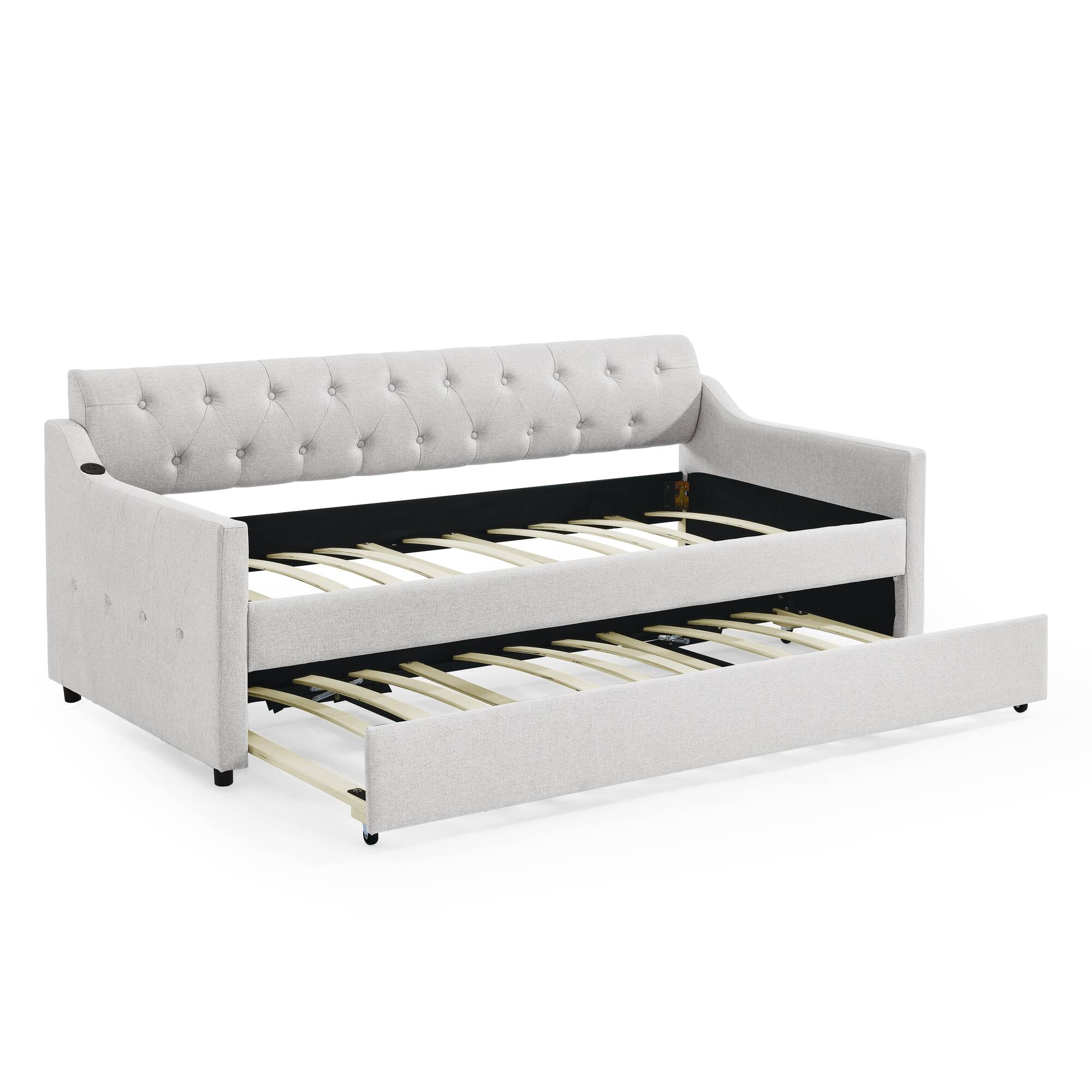 Alt View 6. Tiramisubest - Twin Size Upholstery DayBed with Twin Size Erectable Trundle and USB Charging Design, Linen Beige - Beige.