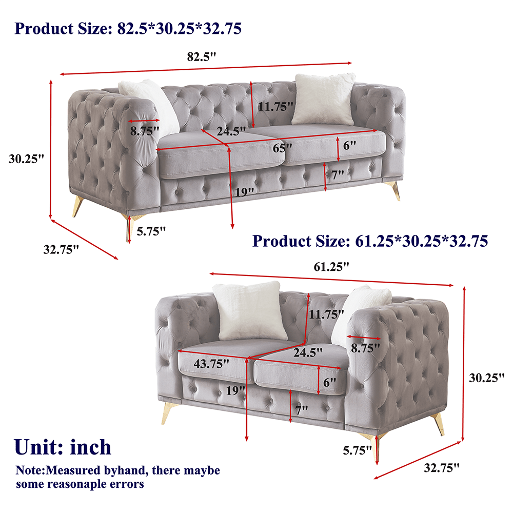 Product Size: 82.5*30.25*32.75  
82.5"  
11.75"  
30.25"  
8.75"  
24.5"  
19"  
65"  
6"  
7"  
32.75"  
5.75"  

Product Size: 61.25*30.25*32.75  
61.25"  
11.75"  
43.75"  
19"  
24.5"  
6"  
8.75"  
30.25"  
7"  
32.75"  

Unit: inch  
Note: Measured by hand, there may be some reasonable errors