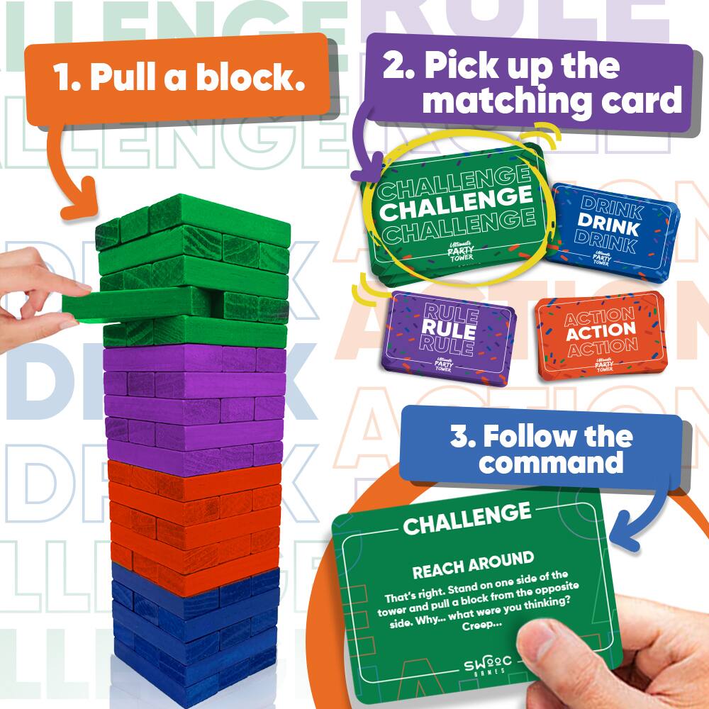 1. Pull a block.

2. Pick up the matching card

3. Follow the command

CHALLENGE  
REACH AROUND  
That's right. Stand on one side of the tower and pull a block from the opposite side. Why... what were you thinking? Creep...

CHALLENGE  
CHALLENGE  
DRINK  
DRINK  
RULE  
RULE  
ACTION  
ACTION