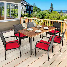 Gymax - 7PCS Patio Dining Furniture Set Yard w/ Wooden Tabletop Cushions - Red