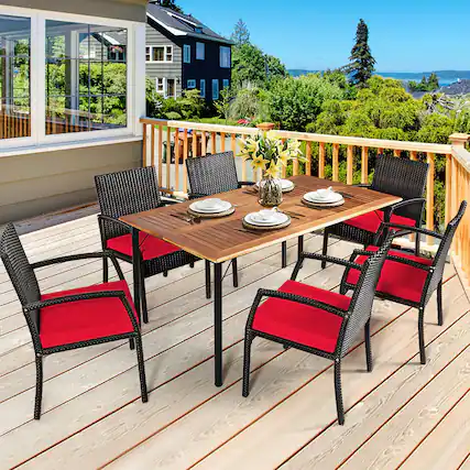 Front. Gymax - Gymax 7PCS Patio Dining Furniture Set Yard w/ Wooden Tabletop Red Cushions - Red.