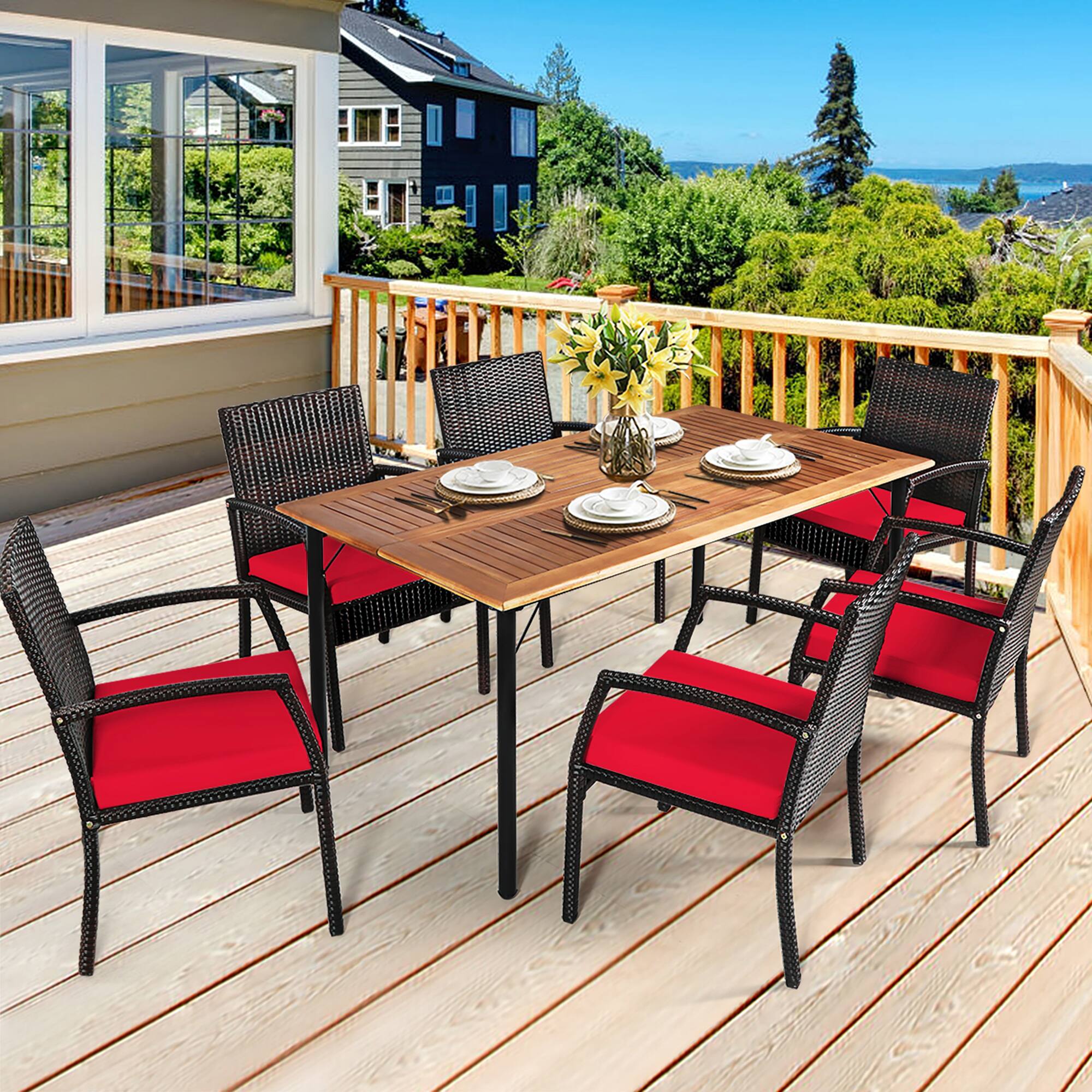 Front. Gymax - Gymax 7PCS Patio Dining Furniture Set Yard w/ Wooden Tabletop Red Cushions - Red.
