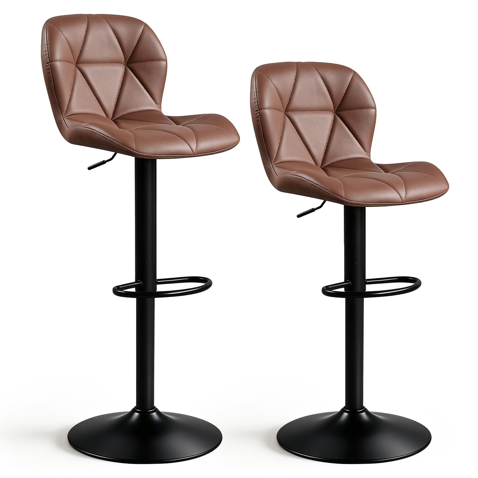 Costway - 2 PCS Upholstered Swivel Bar Stools with Adjustable Height Curved Backs Footrests - Brown
