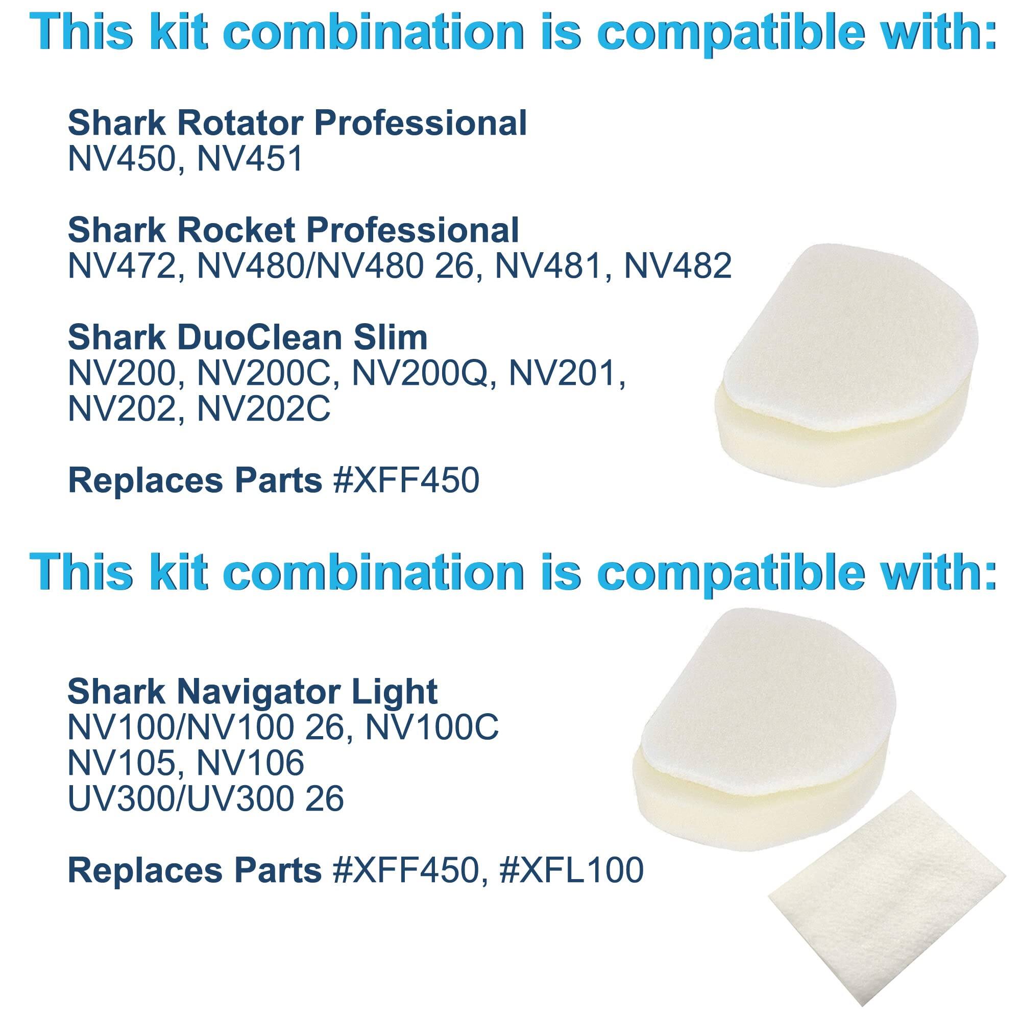 This kit combination is compatible with:

- Shark Rotator Professional NV450, NV451
- Shark Rocket Professional NV472, NV480/NV480 26, NV481, NV482
- Shark DuoClean Slim NV200, NV200C, NV200Q, NV201, NV202, NV202C

Replaces Parts #XFF450

This kit combination is compatible with:

- Shark Navigator Light NV100/NV100 26, NV100C, NV105, NV106
- UV300/UV300 26

Replaces Parts #XFF450, #XFL100