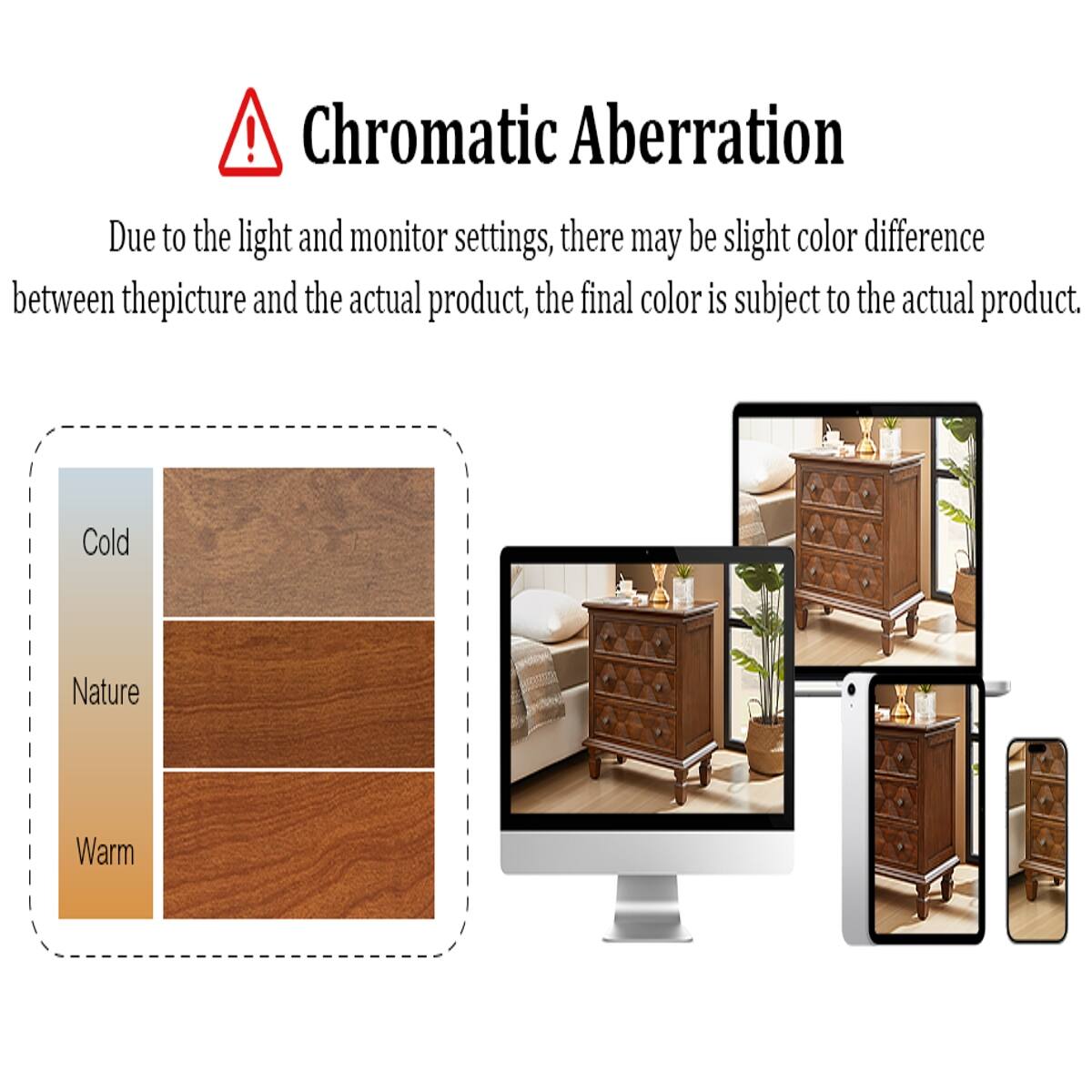 ! Chromatic Aberration  
Due to the light and monitor settings, there may be slight color difference between the picture and the actual product, the final color is subject to the actual product.  

Cold  
Nature  
Warm
