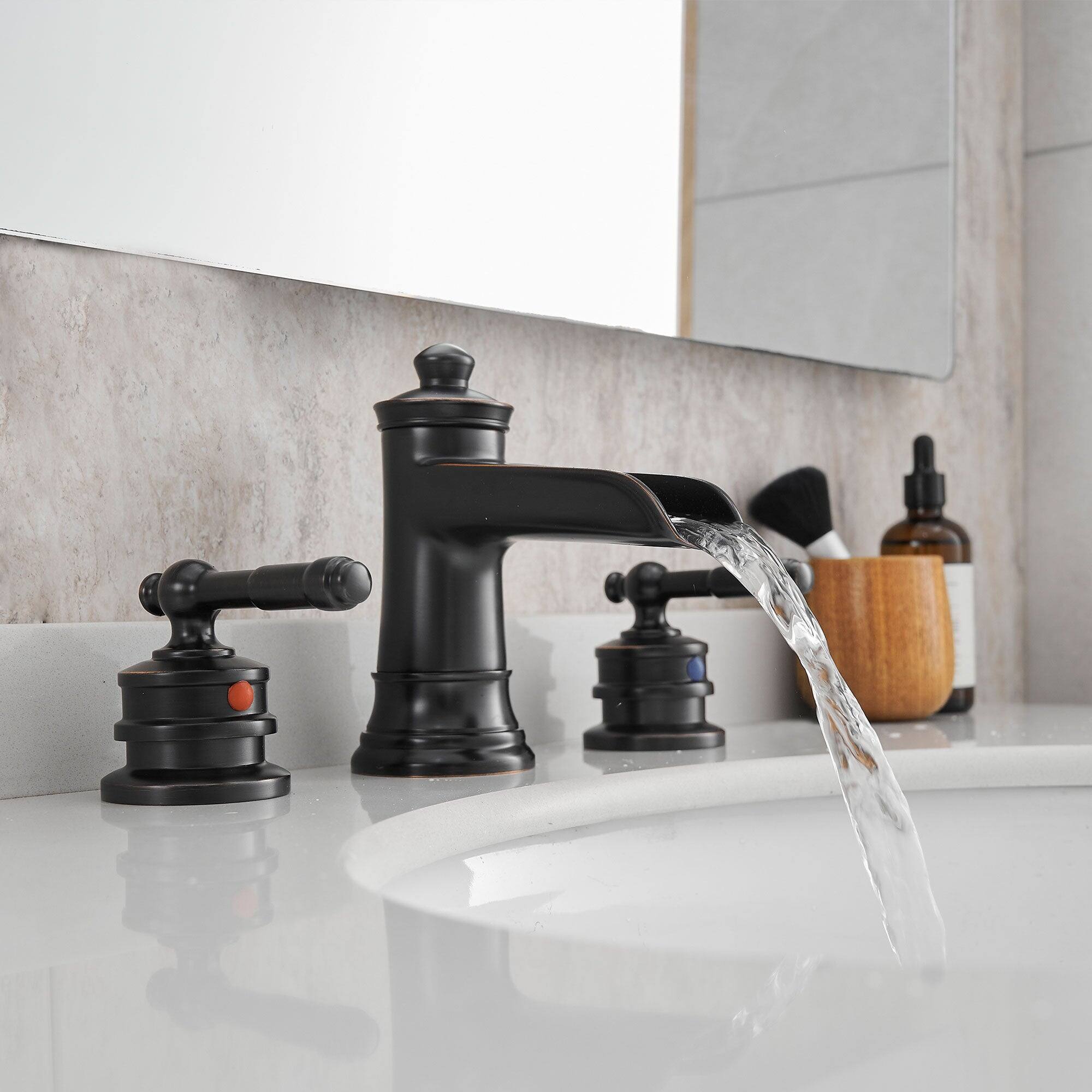 Left. Boyel Living - Classic 8 in. Widespread Double Handle Bathroom Faucet with Pop Up Drain, Water Supply Hoses in Oil Rubbed Bronze - Oil Rubbed Bronze.