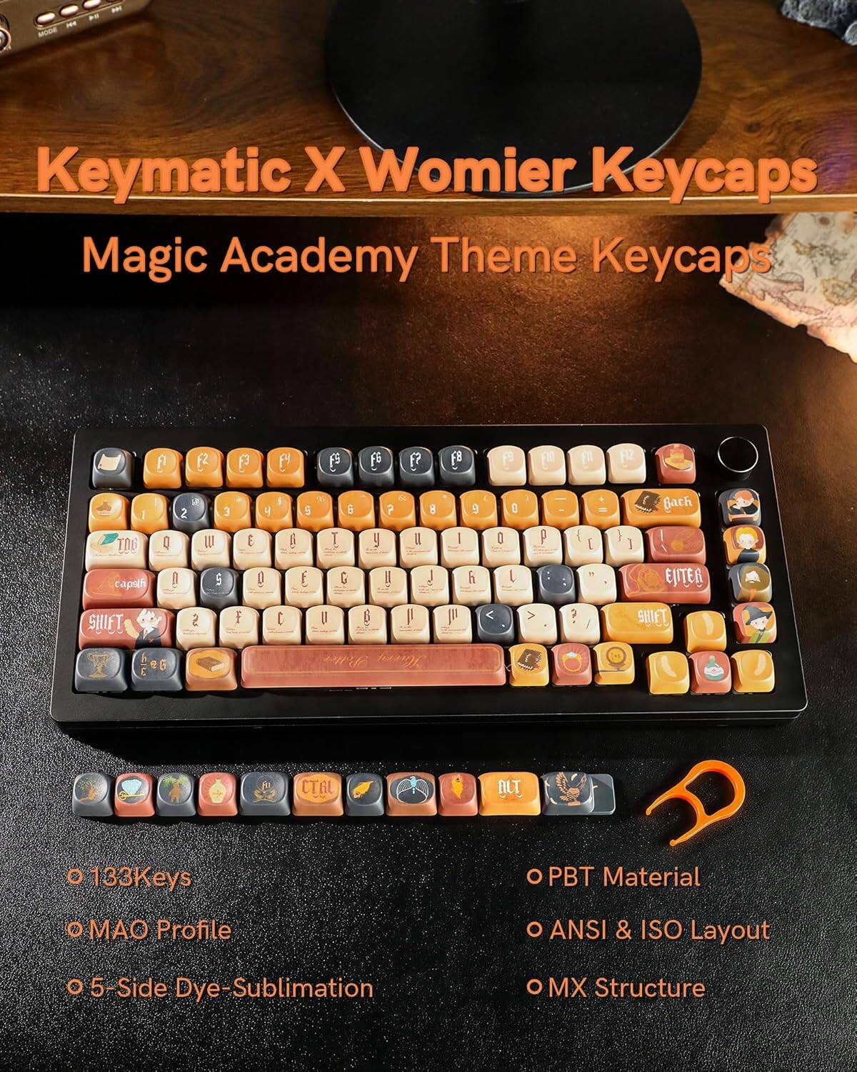 Keymatic X Womier Keycaps  
Magic Academy Theme Keycaps  

- 133Keys  
- MAO Profile  
- 5-Side Dye-Sublimation  
- PBT Material  
- ANSI & ISO Layout  
- MX Structure