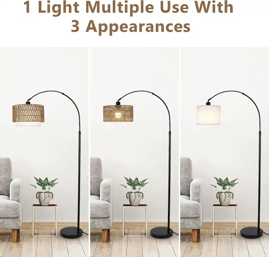 Led Florring MERAVOM Rattan Boho Arc Floor Lamps for Living Room with 3 Color ...