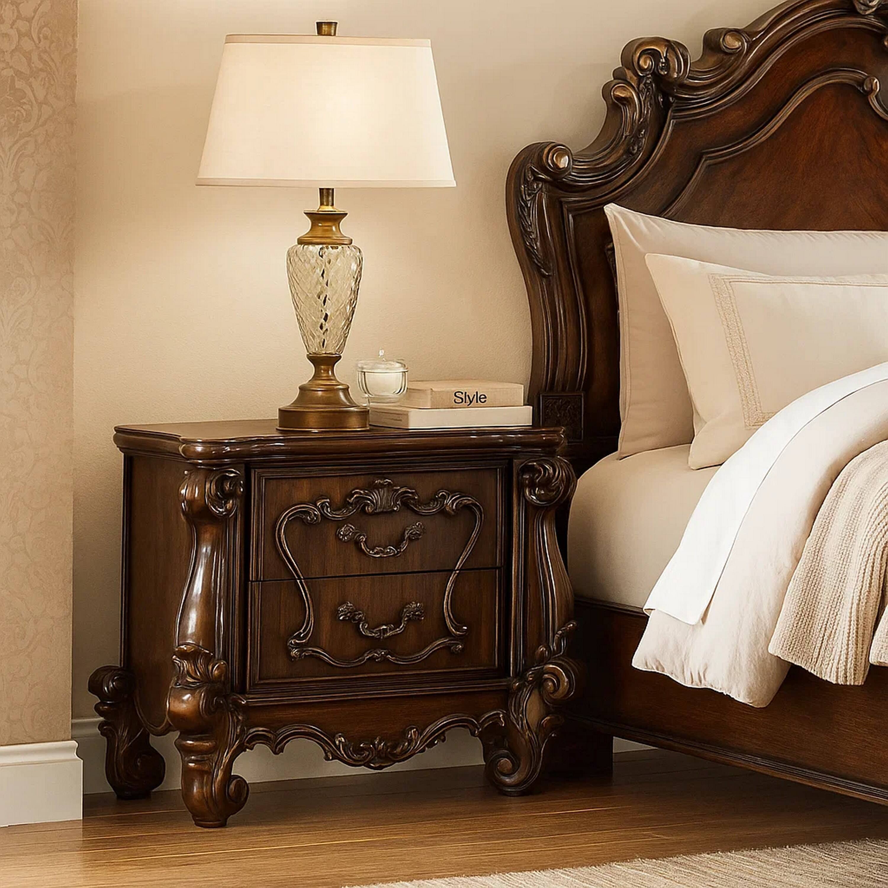 Alt View 5. Manhattan Lane - Traditional Wooden Nightstand with Antique Handles and Scrolled Legs - Brown.