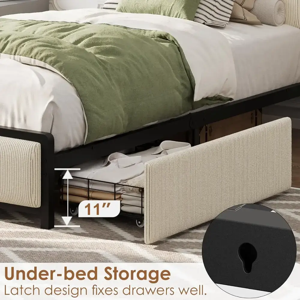 Two rolling storage drawers and under-bed storage space