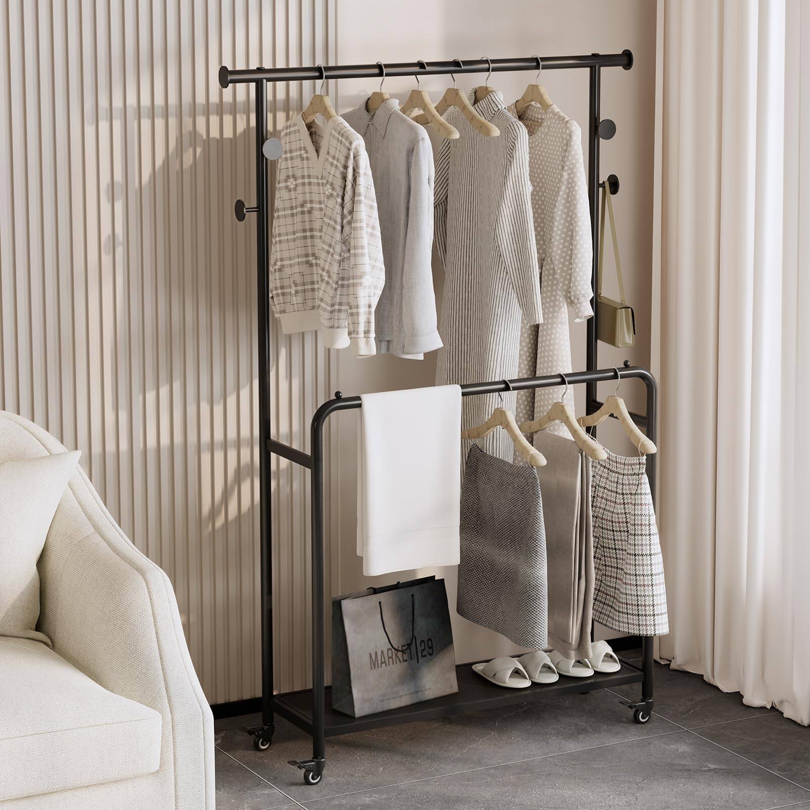 Alt View 3. Hirose Alice - Sturdy Metal Double Rods Clothes Rack With Wheels  Rolling Clothing Rack With Shelves & Hooks  Heavy Duty - black.