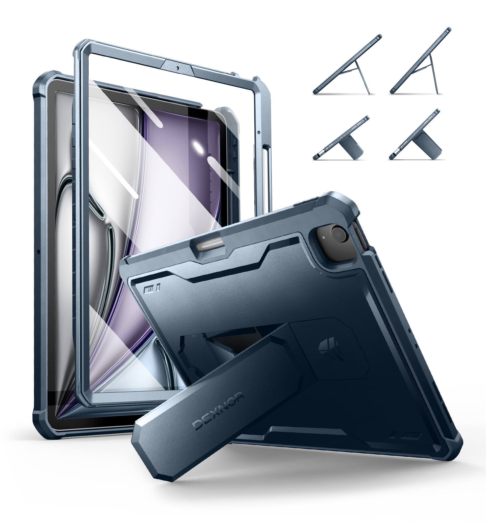 Angle. Dexnor - Case for iPad Air 13” M4/M3/M2 with 360° Rotating Hand Strap& Screen Protector Shockproof Full-Body Bumper Cover - Navy Blue.
