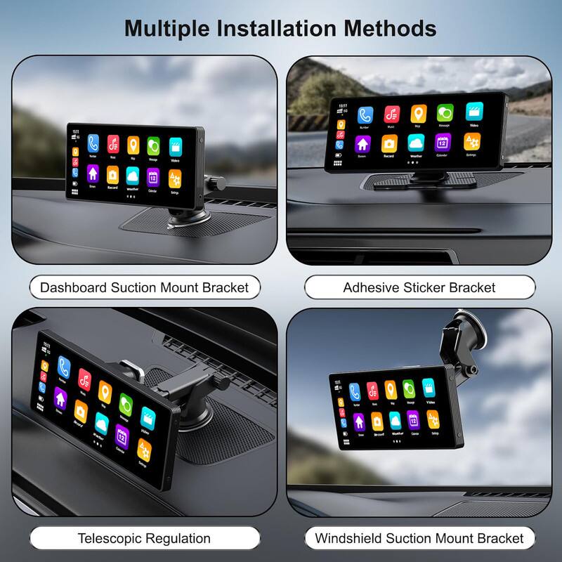 Multiple Installation Methods

- Dashboard Suction Mount Bracket
- Adhesive Sticker Bracket
- Telescopic Regulation
- Windshield Suction Mount Bracket