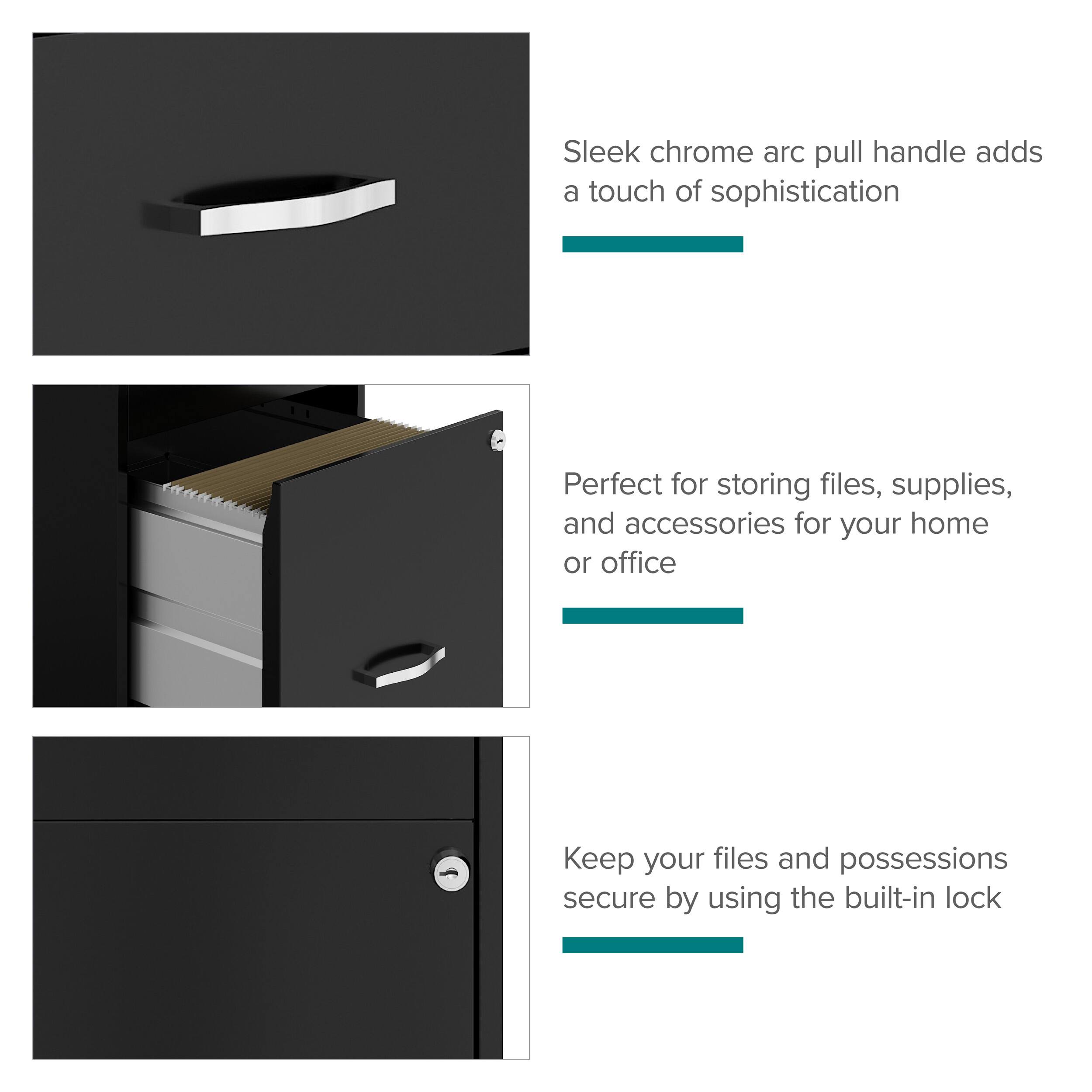 Sleek chrome arc pull handle adds a touch of sophistication

Perfect for storing files, supplies, and accessories for your home or office

Keep your files and possessions secure by using the built-in lock