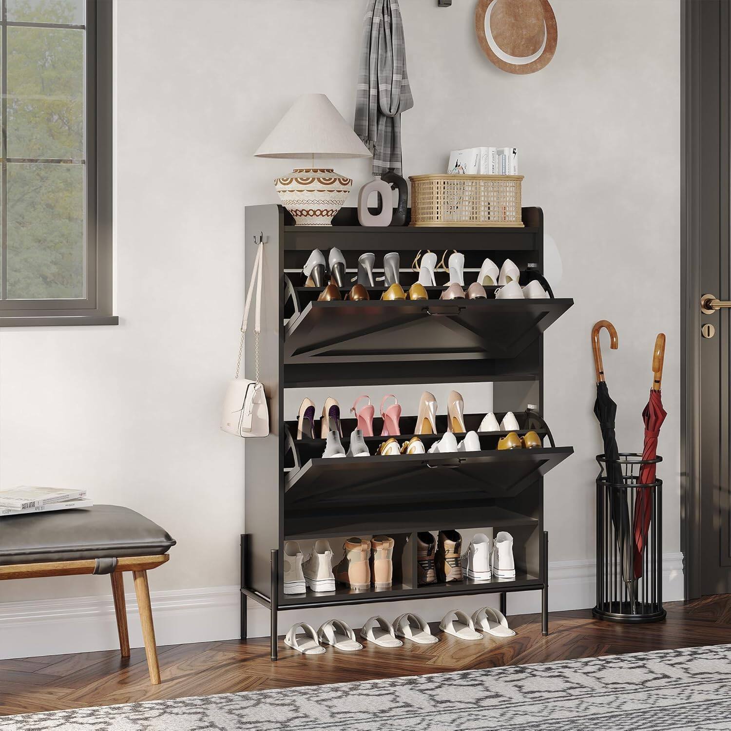 Alt View 3. Jojoka - Shoe Cabinet with 2 Flip Drawers & Open Shelf, Hidden Shoe Organizer with Adjustable Support and Metal Knobs - Black.