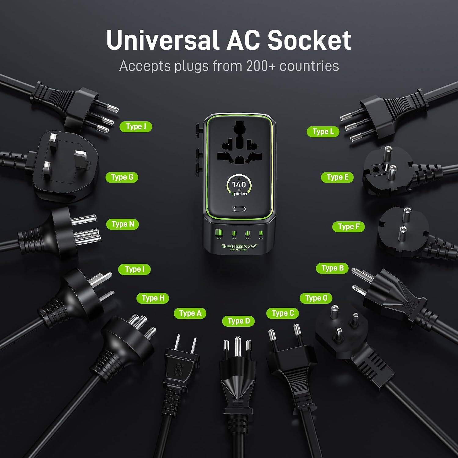 Universal AC Socket Accepts plugs from 200+ countries

Type I
Type L
Type G
Type E
Type N
Type F
Type B
Type O
Type H
Type A
Type D
Type C