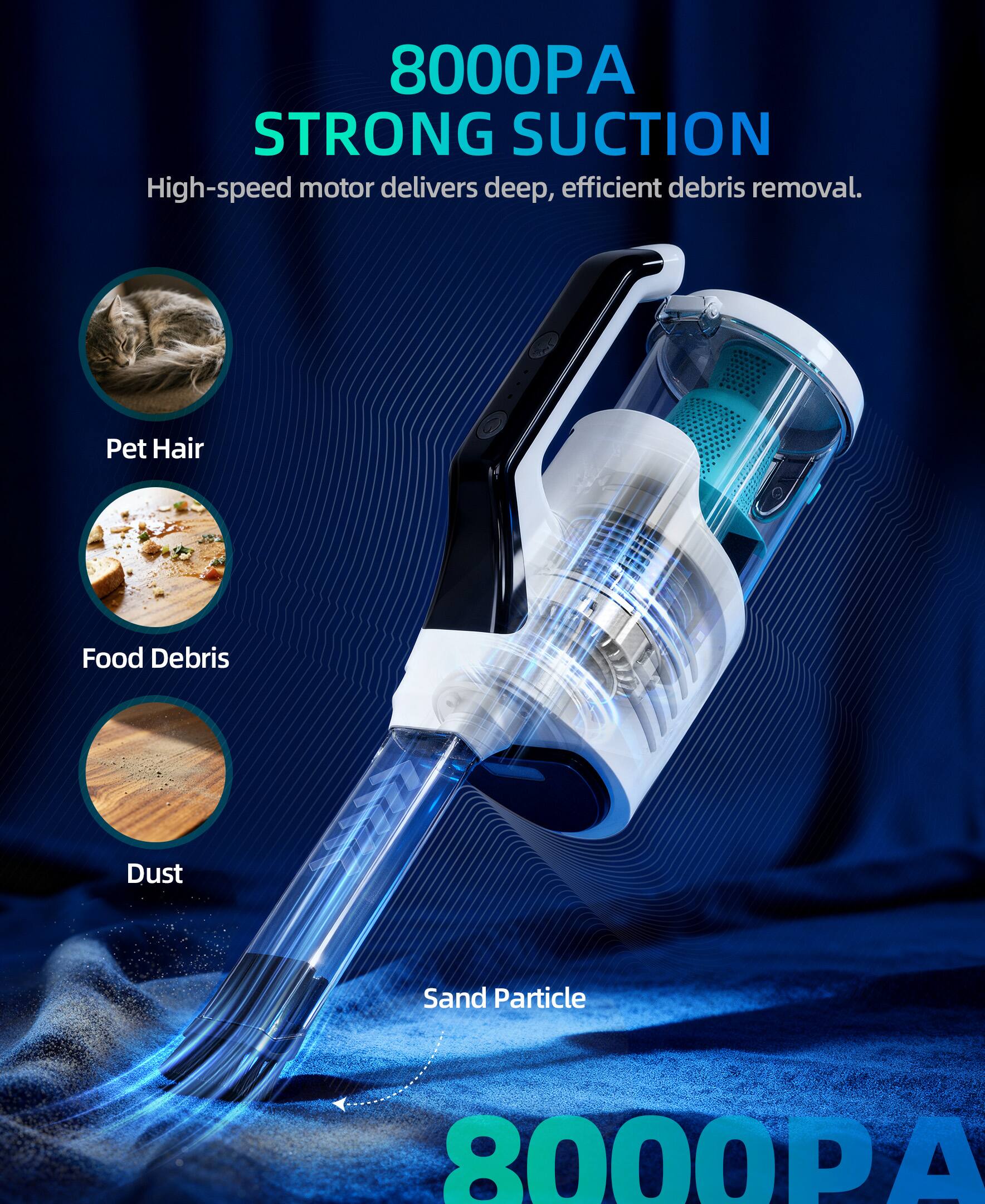 8000PA STRONG SUCTION  
High-speed motor delivers deep, efficient debris removal.  

Pet Hair  
Food Debris  
Dust  
Sand Particle