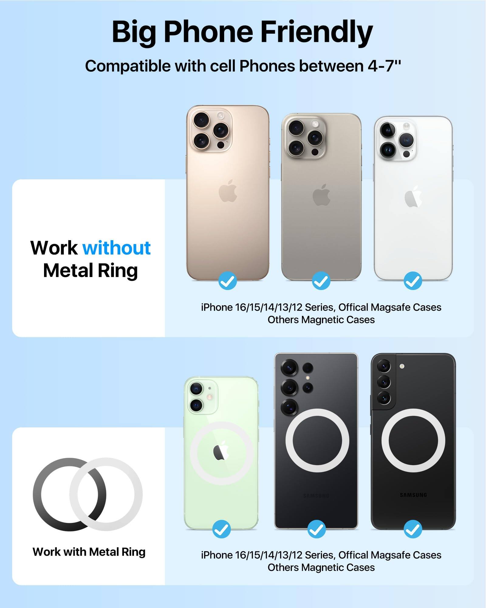 Big Phone Friendly  
Compatible with cell Phones between 4-7"  

Work without Metal Ring  
iPhone 16/15/14/13/12 Series, Official Magsafe Cases Others Magnetic Cases  

Work with Metal Ring  
iPhone 16/15/14/13/12 Series, Official Magsafe Cases Others Magnetic Cases