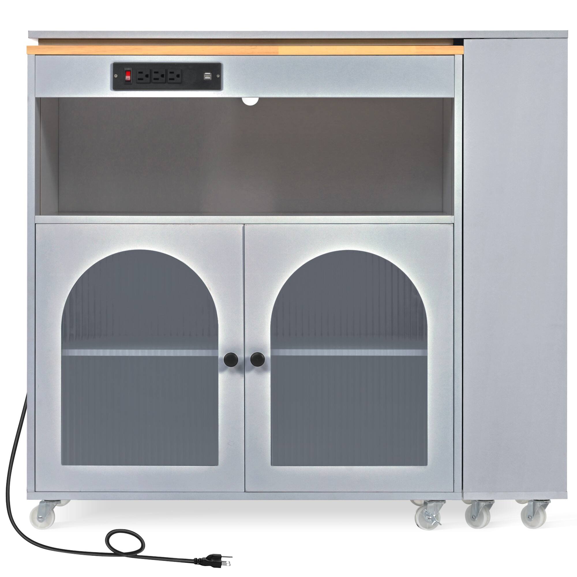 Alt View 7. Forest'nSky - Rolling Kitchen Island with Extendable Table – LED Lights, Power Outlets, 2 Fluted Glass Doors & 3 Open Shelves, Grey - Grey.