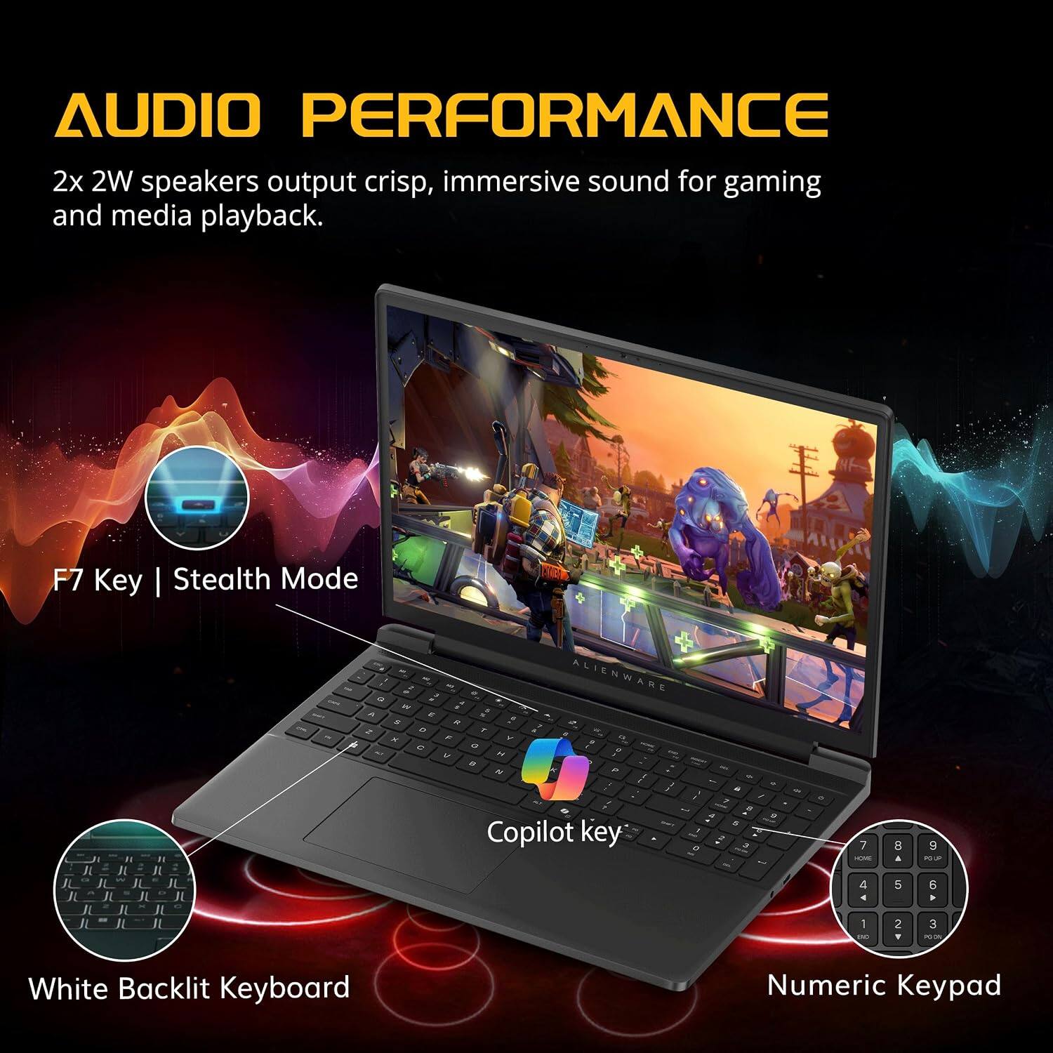 AUDIO PERFORMANCE  
2x 2W speakers output crisp, immersive sound for gaming and media playback.  

F7 Key | Stealth Mode  

Copilot key  

White Backlit Keyboard  
Numeric Keypad