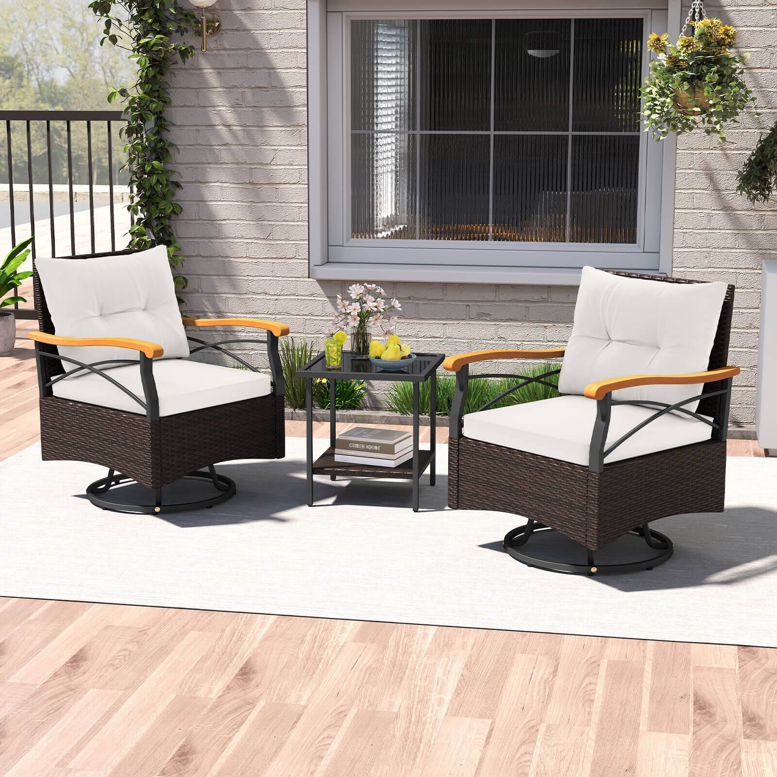 Alt View 4. Costway - Costway 3 PCS Outdoor Swivel Chair Set with 2-Tier Tempered Glass Side Table Cushions - Off White.