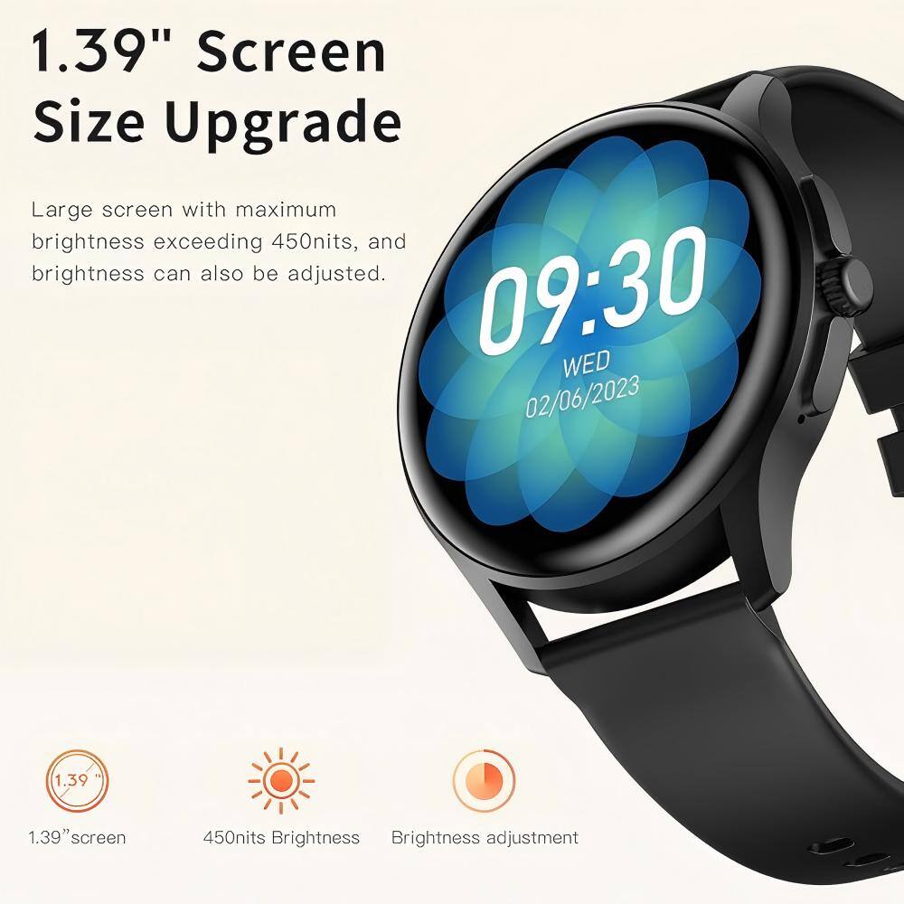 1.39" Screen Size Upgrade  
Large screen with maximum brightness exceeding 450nits, and brightness can also be adjusted.  

09:30  
WED 02/06/2023  

1.39" screen  
450nits Brightness  
Brightness adjustment