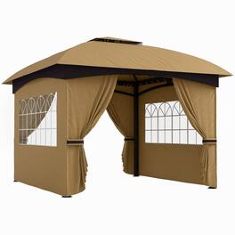 Outsunny - x 11' Outdoor Gazebo, Double Roof Patio Gazebo with Curtains, Church Windows - Beige