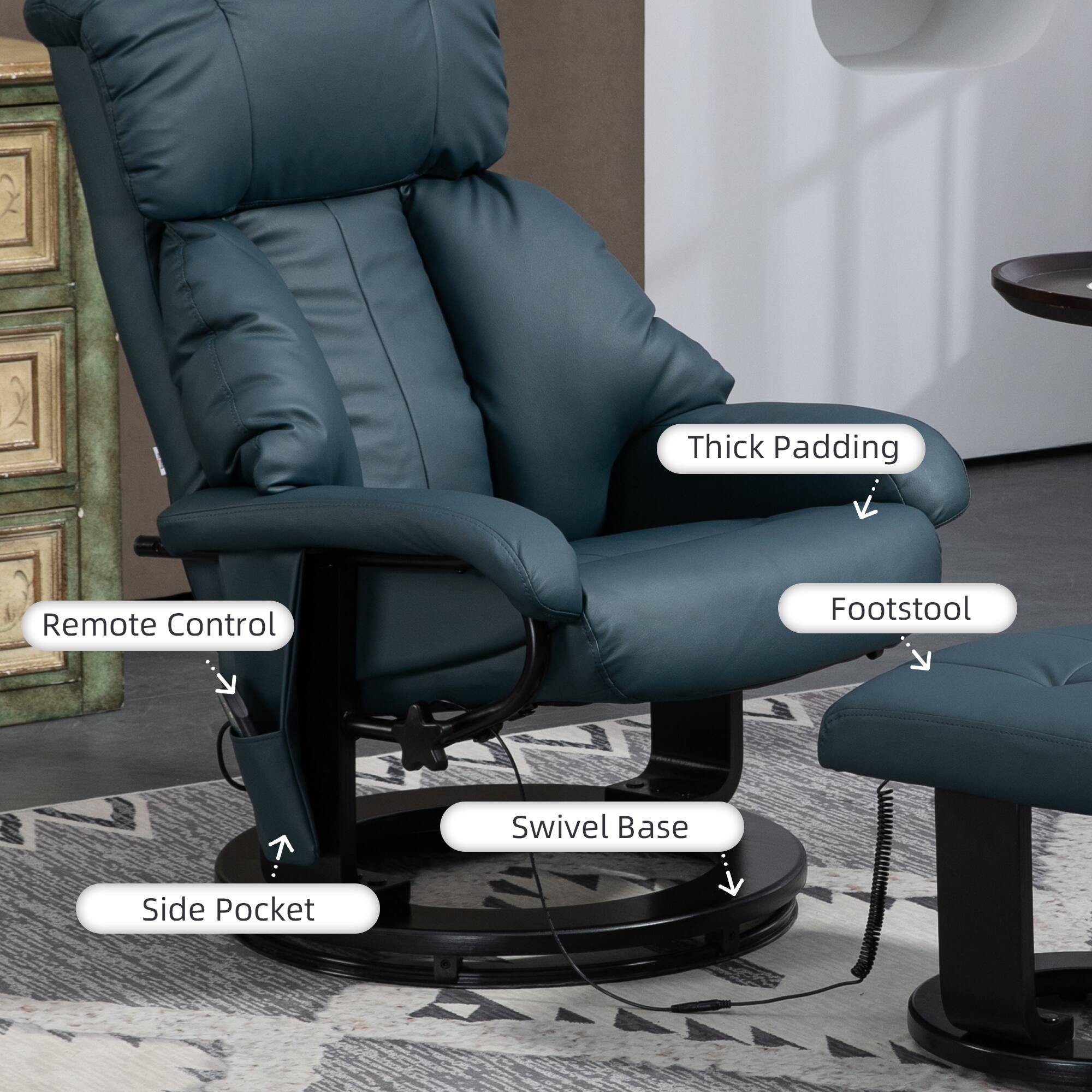 Thick Padding, Remote Control, Footstool, Side Pocket, Swivel Base