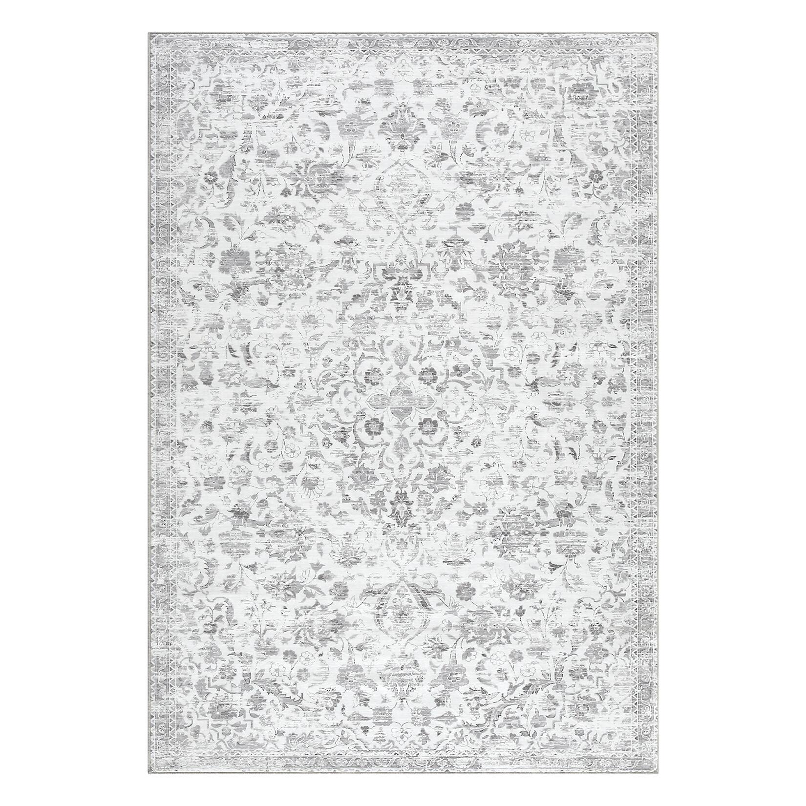 Front. GAOMON - Retro Floral Area Rug Machine Washable Vacuum Clean Ultra Thin Stain Resistant Floor Cover for Kid's Room Playroom - Grey.