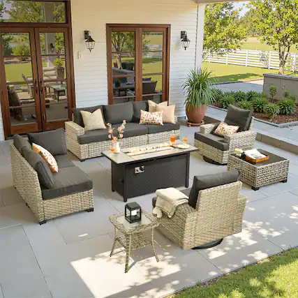 Front. Ovios - 10 PCS Patio Furniture Set Sectional Sofa with Swivel Chair, Coffee Table & 54" Fire Pit Table - Black.