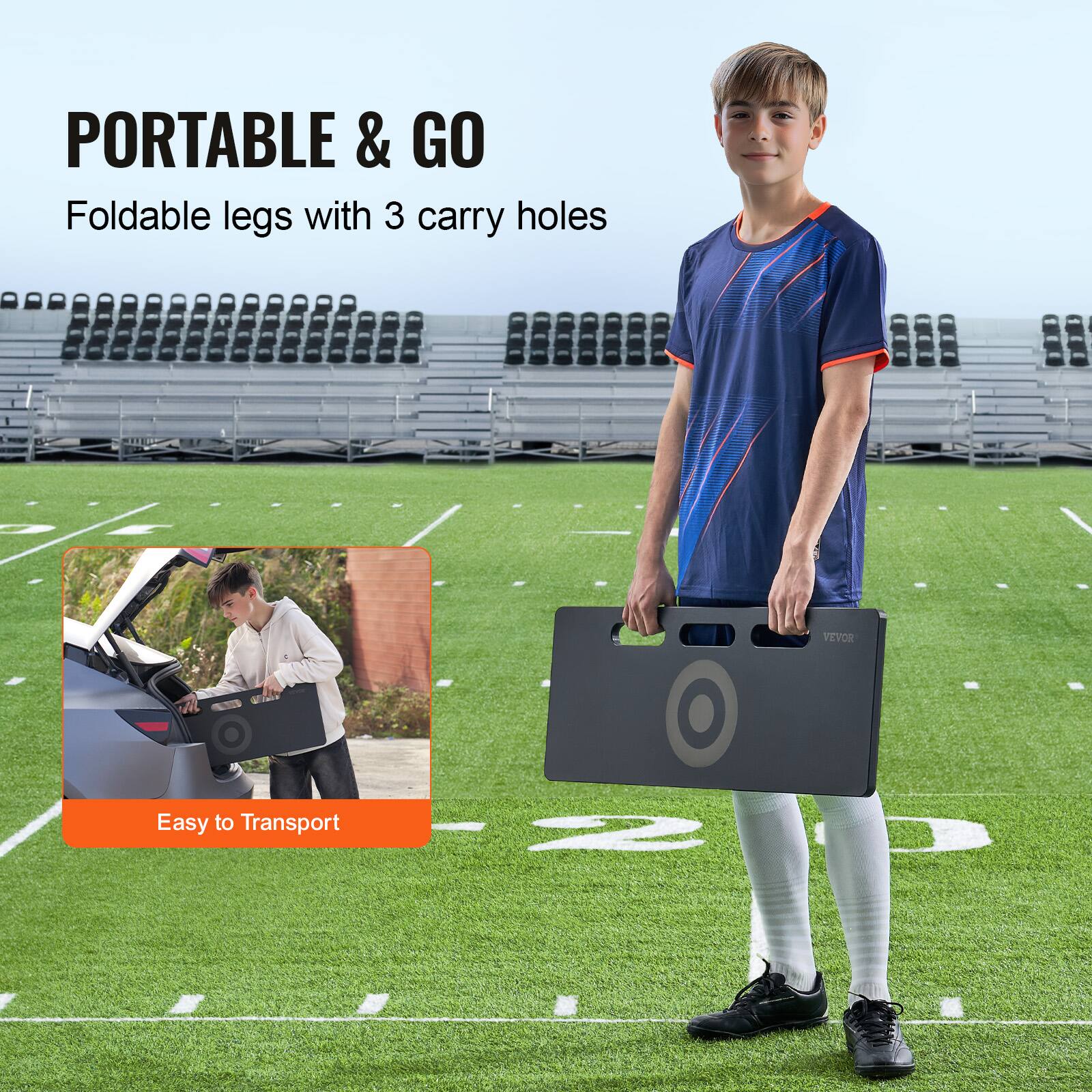 PORTABLE & GO  
Foldable legs with 3 carry holes  

Easy to Transport