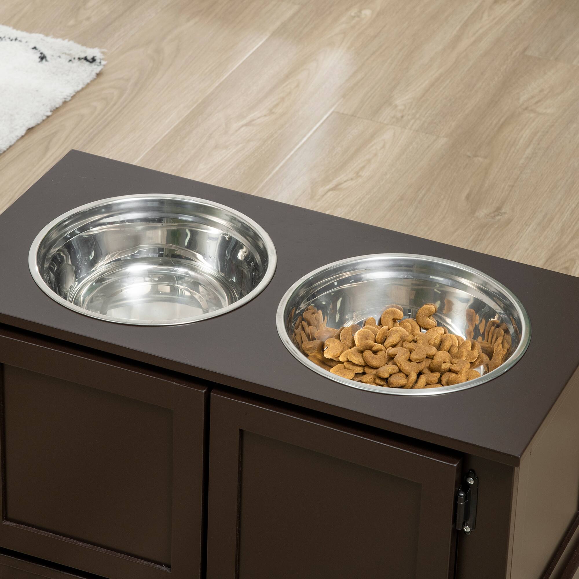 Alt View 4. Pawhut - Elevated Bowls for Large Dogs, Raised Dog Bowls with Storage, Two Stainless Steel Bowls, Indoor Use - Coffee.