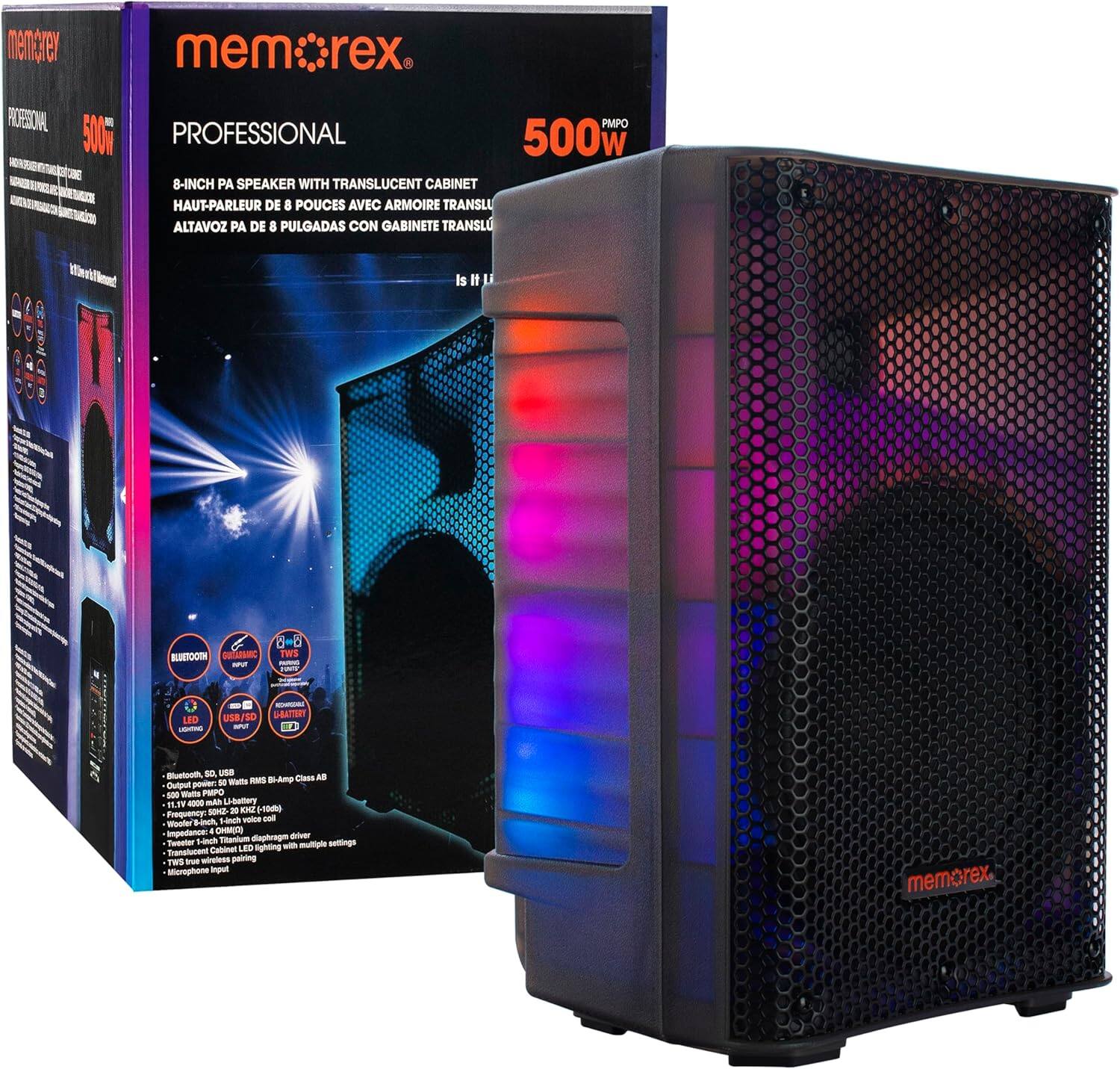 memorex  
PROFESSIONAL  
500W  
8-INCH PA SPEAKER WITH TRANSLUCENT CABINET  
HAUT-PARLEUR DE 8 POUCES AVEC ARMOIRE TRANSLUCENTE  
ALTAVOZ PA DE 8 PULGADAS CON GABINETE TRANSLUCENTE  

- Bluetooth 5.0, USB, SD  
- 500 Watts RMS, 110V, 60Hz  
- USB-BI-Amp Class AB  
- 110V, 60Hz, 2000W  
- 110V, 60Hz, 2000W  
- 110V, 60Hz, 2000W  
- 110V, 60Hz, 2000W  
- 110V, 60Hz, 2000W  
- 110V, 60Hz, 2000W  
- 110V, 60Hz, 2000W  
- 110V, 60Hz